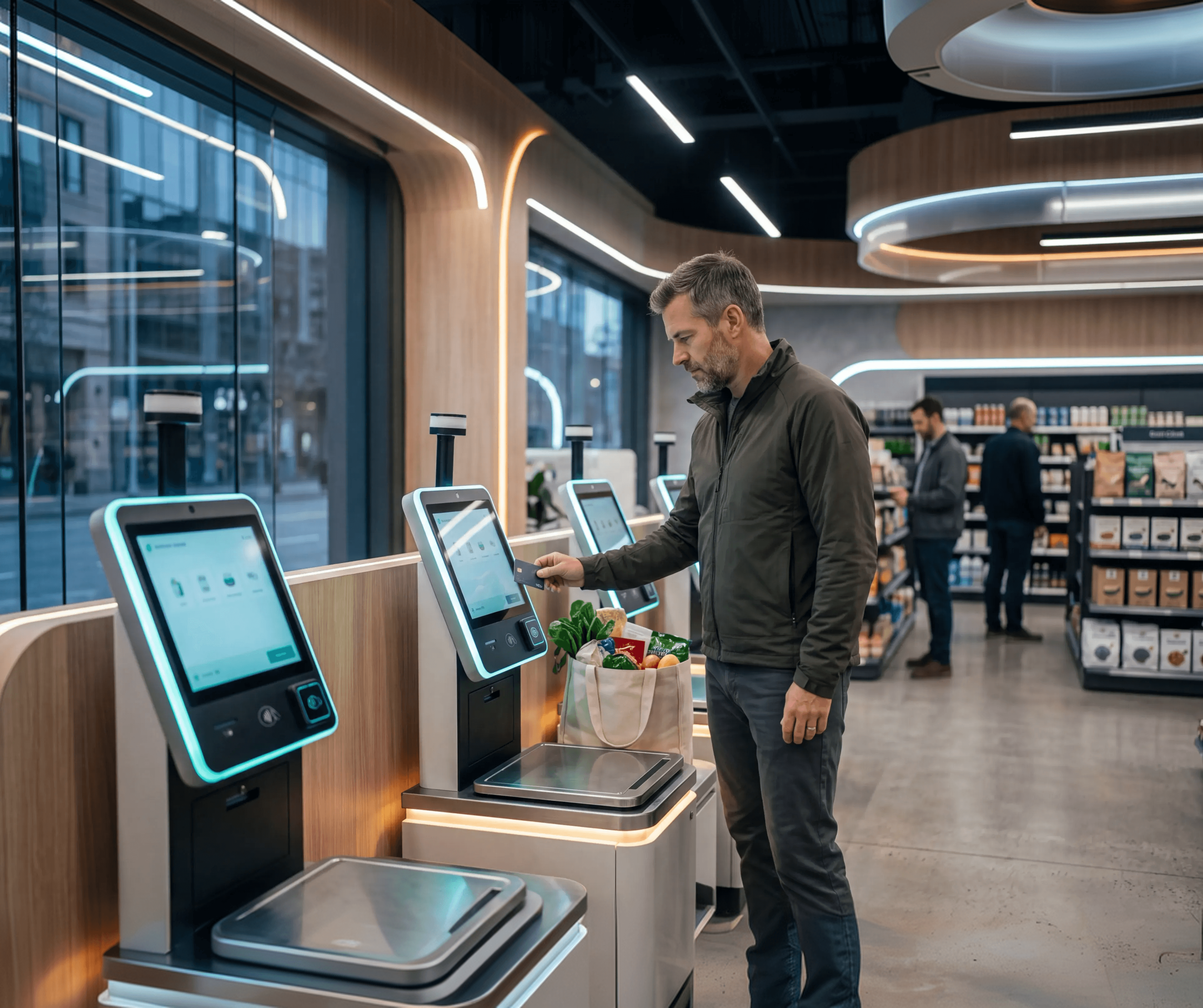 Shopper checking out at a self-service kiosk